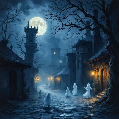 Primary subject: A group of ghosts walking down a street at night.

Setting/background: The street is surrounded by buildings, and there is a moon in the sky.

Visual style: The image is a digital art or illustration.

Colors and mood: The scene is dark and moody, with the ghosts being the main focus.